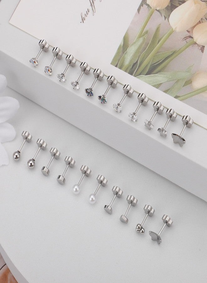 Staligue 18-Pair Hypoallergenic Surgical Steel Earrings Set - 20G Flat Back Studs with CZ, Opal, Moon & Floral Designs for Sensitive Ears & Cartilage Piercing（Silvery） - Image 4